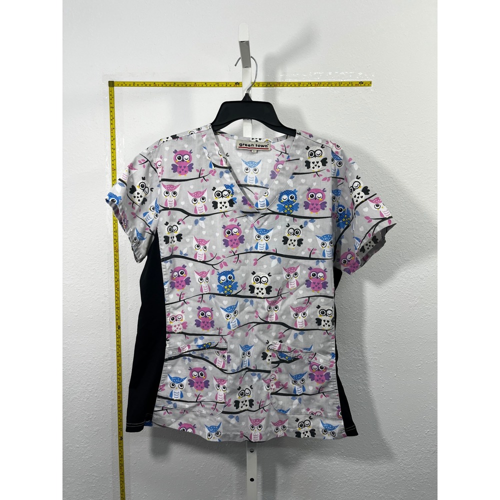Green Town‎ Owl Print Scrub Top V-Neck Medical Uniform Grey Pink Blue Large